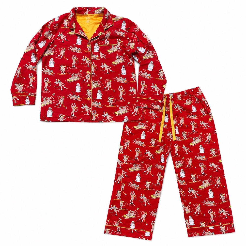Nick & Nora Pajama Set Red Flannel Cotton Sock Monkey Winter Sports Womens XL